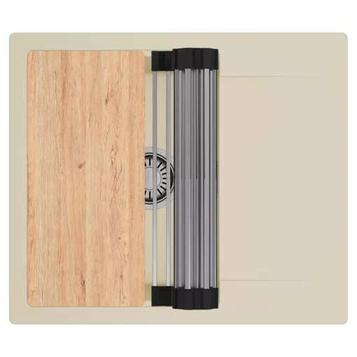 HD Onyx Beige 58 egymedencés gránit mosogatótálca szett, csepegtetőtálcával, vágódeszkával, acél csepegtetőráccsal, soft bézs színben