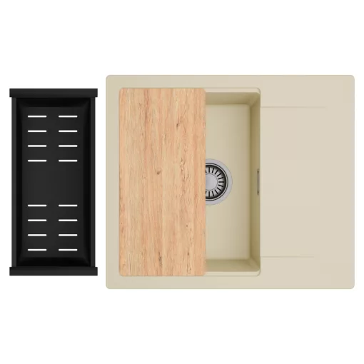HD Onyx Beige 58 egymedencés gránit mosogatótálca szett, csepegtetőtálcával, vágódeszkával, matt fekete csepegtetőkosárral, soft bézs színben