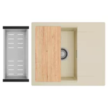 HD Onyx Beige 58 egymedencés gránit mosogatótálca szett, csepegtetőtálcával, vágódeszkával, acél csepegtetőkosárral, soft bézs színben