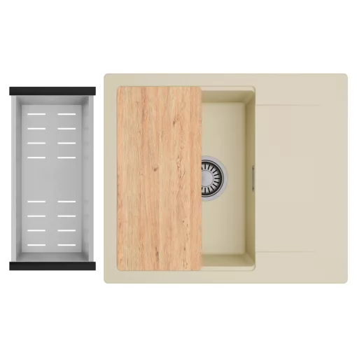 HD Onyx Beige 58 egymedencés gránit mosogatótálca szett, csepegtetőtálcával, vágódeszkával, acél csepegtetőkosárral, soft bézs színben