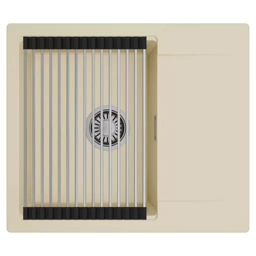 HD Onyx Beige 58 egymedencés mosogatótálca szett, acél csepegtetőráccsal, csepegtetőtálcával, soft bézs színben