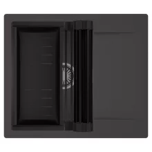 HD Onyx Antracit 58 egymedencés mosogatótálca szett, matt fekete csepegtetőráccsal és kosárral, csepegtetőtálcával, matt antracit színben, szálcsiszolt króm leeresztő szifonnal