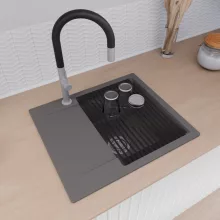 HD Onyx Antracit 58 egymedencés mosogatótálca szett, matt fekete csepegtetőráccsal és kosárral, csepegtetőtálcával, matt antracit színben, szálcsiszolt króm leeresztő szifonnal