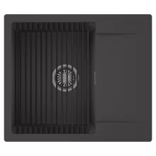 HD Onyx Antracit 58 egymedencés mosogatótálca szett, matt fekete csepegtetőráccsal, csepegtetőtálcával, matt antracit színben, szálcsiszolt króm leeresztő szifonnal