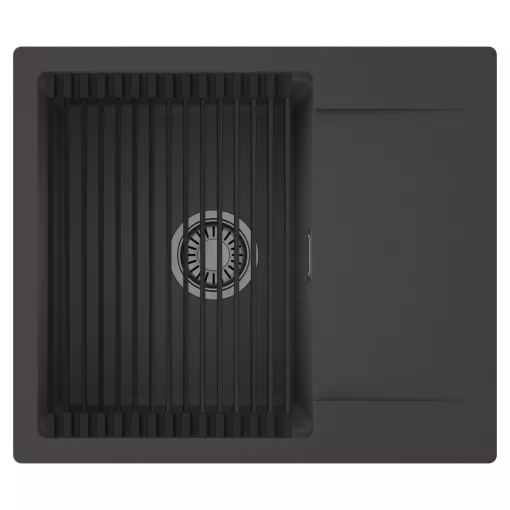 HD Onyx Antracit 58 egymedencés mosogatótálca szett, matt fekete csepegtetőráccsal, csepegtetőtálcával, matt antracit színben, szálcsiszolt króm leeresztő szifonnal