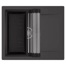 HD Onyx Antracit 58 egymedencés mosogatótálca szett, acél csepegtetőráccsal és matt fekete kosárral, csepegtetőtálcával, matt antracit színben, szálcsiszolt króm leeresztő szifonnal