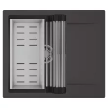 HD Onyx Antracit 58 egymedencés mosogatótálca szett, acél csepegtetőráccsal és kosárral, csepegtetőtálcával, matt antracit színben, szálcsiszolt króm leeresztő szifonnal