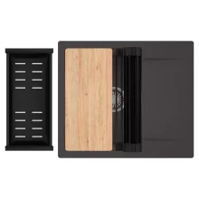 HD Onyx Antracit 58 egymedencés gránit mosogatótálca szett, csepegtetőtálcával, vágódeszkával, matt fekete csepegtetőráccsal és kosárral, matt antracit színben, szálcsiszolt króm leeresztő szifonnal