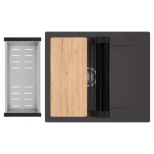 HD Onyx Antracit 58 egymedencés gránit mosogatótálca szett, csepegtetőtálcával, vágódeszkával, matt fekete csepegtetőráccsal és krómozott kosárral, matt antracit színben, szálcsiszolt króm leeresztő szifonnal