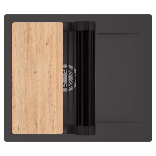 HD Onyx Antracit 58 egymedencés gránit mosogatótálca szett, csepegtetőtálcával, vágódeszkával, matt fekete csepegtetőráccsal, matt antracit színben, szálcsiszolt króm leeresztő szifonnal