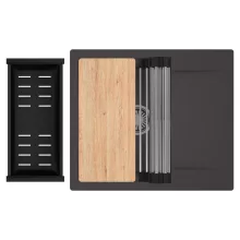 HD Onyx Antracit 58 egymedencés gránit mosogatótálca szett, csepegtetőtálcával, vágódeszkával, acél csepegtetőráccsal és matt fekete kosárral, matt antracit színben, szálcsiszolt króm leeresztő szifonnal