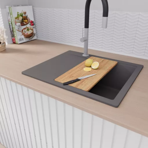 HD Onyx Antracit 58 egymedencés gránit mosogatótálca szett, csepegtetőtálcával, vágódeszkával, acél csepegtetőráccsal és matt fekete kosárral, matt antracit színben, szálcsiszolt króm leeresztő szifonnal