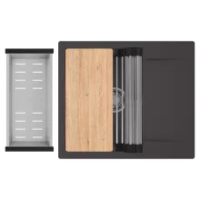 HD Onyx Antracit 58 egymedencés gránit mosogatótálca szett, csepegtetőtálcával, vágódeszkával, acél csepegtetőráccsal és kosárral, matt antracit színben, szálcsiszolt króm leeresztő szifonnal