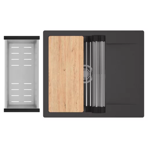 HD Onyx Antracit 58 egymedencés gránit mosogatótálca szett, csepegtetőtálcával, vágódeszkával, acél csepegtetőráccsal és kosárral, matt antracit színben, szálcsiszolt króm leeresztő szifonnal