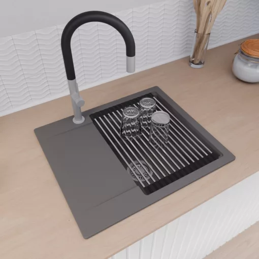 HD Onyx Antracit 58 egymedencés gránit mosogatótálca szett, csepegtetőtálcával, vágódeszkával, acél csepegtetőráccsal és kosárral, matt antracit színben, szálcsiszolt króm leeresztő szifonnal