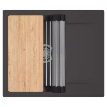 HD Onyx Antracit 58 egymedencés gránit mosogatótálca szett, csepegtetőtálcával, vágódeszkával, acél csepegtetőráccsal, matt antracit színben, szálcsiszolt króm leeresztő szifonnal