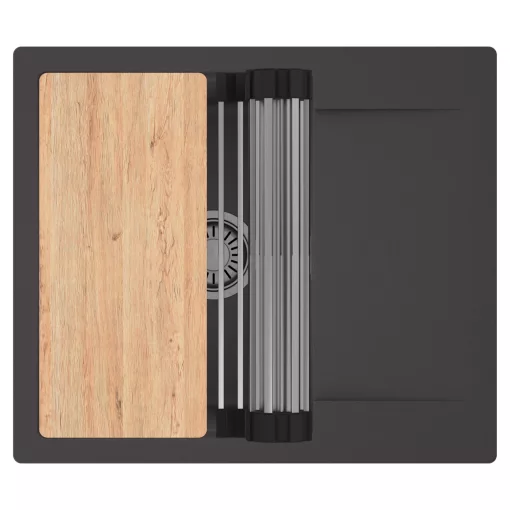 HD Onyx Antracit 58 egymedencés gránit mosogatótálca szett, csepegtetőtálcával, vágódeszkával, acél csepegtetőráccsal, matt antracit színben, szálcsiszolt króm leeresztő szifonnal