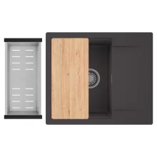 HD Onyx Antracit 58 egymedencés gránit mosogatótálca szett, csepegtetőtálcával, vágódeszkával, acél csepegtetőkosárral, matt antracit színben, szálcsiszolt króm leeresztő szifonnal