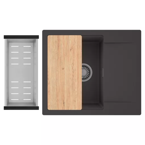HD Onyx Antracit 58 egymedencés gránit mosogatótálca szett, csepegtetőtálcával, vágódeszkával, acél csepegtetőkosárral, matt antracit színben, szálcsiszolt króm leeresztő szifonnal