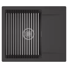 HD Onyx Antracit 58 egymedencés mosogatótálca szett, acél csepegtetőráccsal, csepegtetőtálcával, matt antracit színben, szálcsiszolt króm leeresztő szifonnal