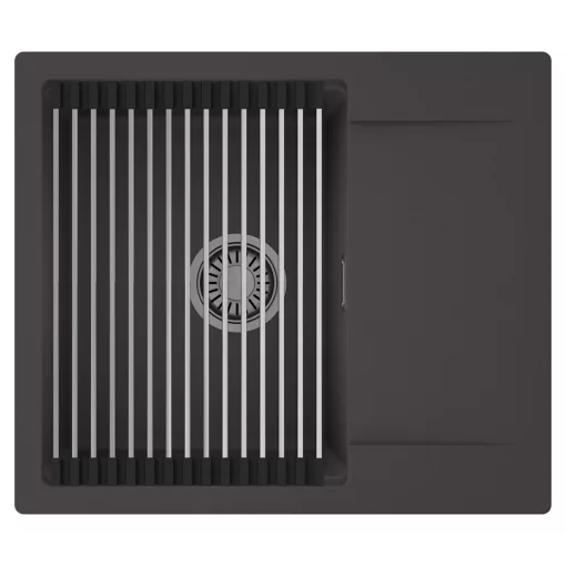 HD Onyx Antracit 58 egymedencés mosogatótálca szett, acél csepegtetőráccsal, csepegtetőtálcával, matt antracit színben, szálcsiszolt króm leeresztő szifonnal
