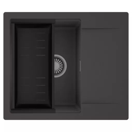 HD Onyx Antracit 58 egymedencés mosogatótálca szett, matt fekete csepegtetőkosárral, csepegtetőtálcával, matt antracit színben, szálcsiszolt króm leeresztő szifonnal