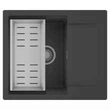 HD Onyx Antracit 58 egymedencés mosogatótálca szett, acél csepegtetőkosárral, csepegtetőtálcával, matt antracit színben, szálcsiszolt króm leeresztő szifonnal