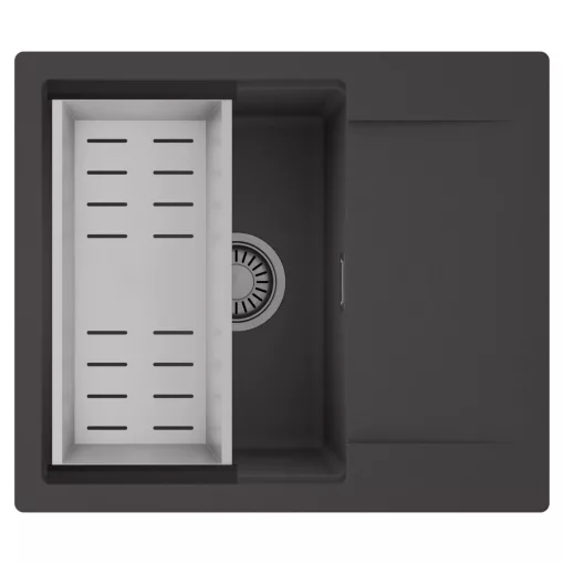 HD Onyx Antracit 58 egymedencés mosogatótálca szett, acél csepegtetőkosárral, csepegtetőtálcával, matt antracit színben, szálcsiszolt króm leeresztő szifonnal