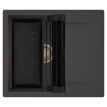 HD Onyx Antracit 58 egymedencés mosogatótálca szett, matt fekete csepegtetőráccsal és kosárral, csepegtetőtálcával, matt antracit színben, szálcsiszolt arany leeresztő szifonnal