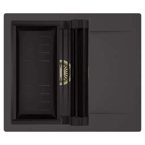 HD Onyx Antracit 58 egymedencés mosogatótálca szett, matt fekete csepegtetőráccsal és kosárral, csepegtetőtálcával, matt antracit színben, szálcsiszolt arany leeresztő szifonnal