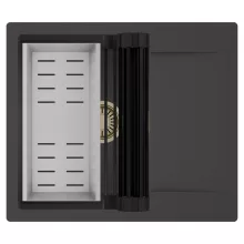 HD Onyx Antracit 58 egymedencés mosogatótálca szett, matt fekete csepegtetőráccsal és krómozott kosárral, csepegtetőtálcával, matt antracit színben, szálcsiszolt arany leeresztő szifonnal