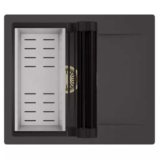 HD Onyx Antracit 58 egymedencés mosogatótálca szett, matt fekete csepegtetőráccsal és krómozott kosárral, csepegtetőtálcával, matt antracit színben, szálcsiszolt arany leeresztő szifonnal