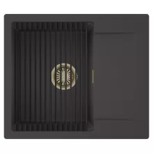 HD Onyx Antracit 58 egymedencés mosogatótálca szett, matt fekete csepegtetőráccsal, csepegtetőtálcával, matt antracit színben, szálcsiszolt arany leeresztő szifonnal