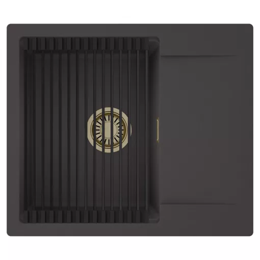 HD Onyx Antracit 58 egymedencés mosogatótálca szett, matt fekete csepegtetőráccsal, csepegtetőtálcával, matt antracit színben, szálcsiszolt arany leeresztő szifonnal