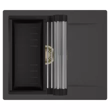 HD Onyx Antracit 58 egymedencés mosogatótálca szett, acél csepegtetőráccsal és matt fekete kosárral, csepegtetőtálcával, matt antracit színben, szálcsiszolt arany leeresztő szifonnal