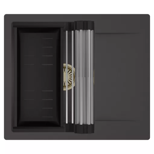 HD Onyx Antracit 58 egymedencés mosogatótálca szett, acél csepegtetőráccsal és matt fekete kosárral, csepegtetőtálcával, matt antracit színben, szálcsiszolt arany leeresztő szifonnal