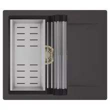 HD Onyx Antracit 58 egymedencés mosogatótálca szett, acél csepegtetőráccsal és kosárral, csepegtetőtálcával, matt antracit színben, szálcsiszolt arany leeresztő szifonnal