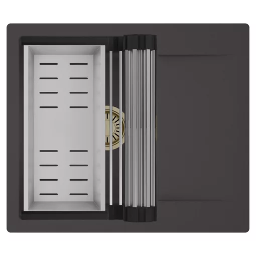 HD Onyx Antracit 58 egymedencés mosogatótálca szett, acél csepegtetőráccsal és kosárral, csepegtetőtálcával, matt antracit színben, szálcsiszolt arany leeresztő szifonnal