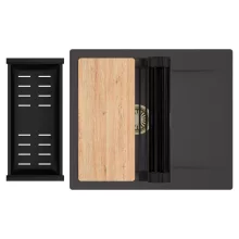 HD Onyx Antracit 58 egymedencés gránit mosogatótálca szett, csepegtetőtálcával, vágódeszkával, matt fekete csepegtetőráccsal és kosárral, matt antracit színben, szálcsiszolt arany leeresztő szifonnal