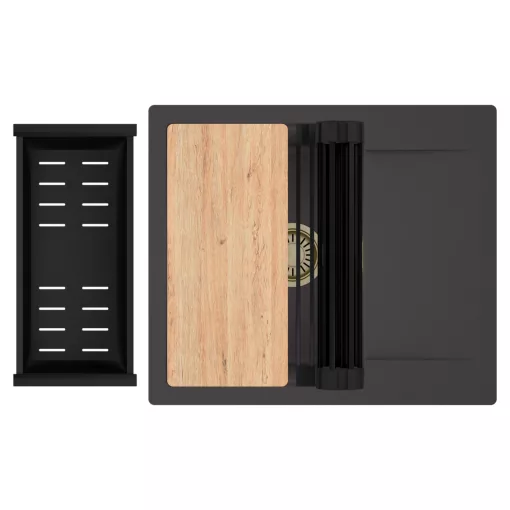 HD Onyx Antracit 58 egymedencés gránit mosogatótálca szett, csepegtetőtálcával, vágódeszkával, matt fekete csepegtetőráccsal és kosárral, matt antracit színben, szálcsiszolt arany leeresztő szifonnal