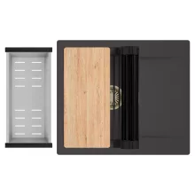 HD Onyx Antracit 58 egymedencés gránit mosogatótálca szett, csepegtetőtálcával, vágódeszkával, matt fekete csepegtetőráccsal és krómozott kosárral, matt antracit színben, szálcsiszolt arany leeresztő szifonnal