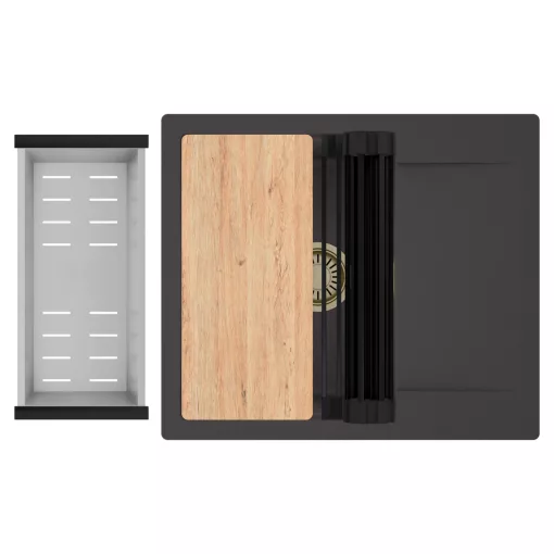 HD Onyx Antracit 58 egymedencés gránit mosogatótálca szett, csepegtetőtálcával, vágódeszkával, matt fekete csepegtetőráccsal és krómozott kosárral, matt antracit színben, szálcsiszolt arany leeresztő szifonnal