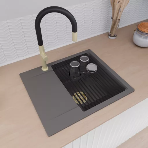 HD Onyx Antracit 58 egymedencés gránit mosogatótálca szett, csepegtetőtálcával, vágódeszkával, matt fekete csepegtetőráccsal és krómozott kosárral, matt antracit színben, szálcsiszolt arany leeresztő szifonnal