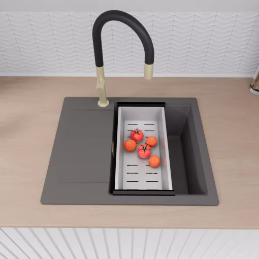 HD Onyx Antracit 58 egymedencés gránit mosogatótálca szett, csepegtetőtálcával, vágódeszkával, matt fekete csepegtetőráccsal és krómozott kosárral, matt antracit színben, szálcsiszolt arany leeresztő szifonnal