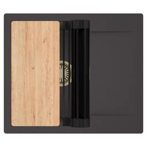 HD Onyx Antracit 58 egymedencés gránit mosogatótálca szett, csepegtetőtálcával, vágódeszkával, matt fekete csepegtetőráccsal, matt antracit színben, szálcsiszolt arany leeresztő szifonnal