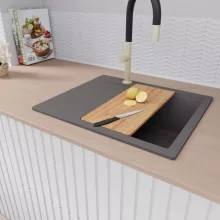 HD Onyx Antracit 58 egymedencés gránit mosogatótálca szett, csepegtetőtálcával, vágódeszkával, matt fekete csepegtetőráccsal, matt antracit színben, szálcsiszolt arany leeresztő szifonnal