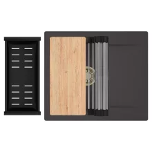 HD Onyx Antracit 58 egymedencés gránit mosogatótálca szett, csepegtetőtálcával, vágódeszkával, acél csepegtetőráccsal és matt fekete kosárral, matt antracit színben, szálcsiszolt arany leeresztő szifonnal