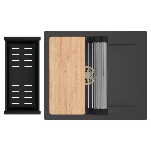 HD Onyx Antracit 58 egymedencés gránit mosogatótálca szett, csepegtetőtálcával, vágódeszkával, acél csepegtetőráccsal és matt fekete kosárral, matt antracit színben, szálcsiszolt arany leeresztő szifonnal