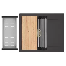 HD Onyx Antracit 58 egymedencés gránit mosogatótálca szett, csepegtetőtálcával, vágódeszkával, acél csepegtetőráccsal és kosárral, matt antracit színben, szálcsiszolt arany leeresztő szifonnal