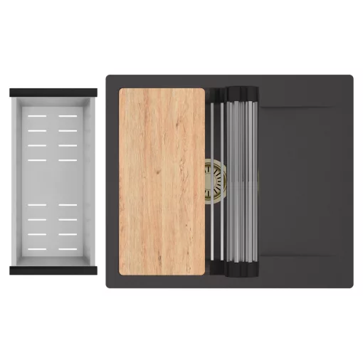 HD Onyx Antracit 58 egymedencés gránit mosogatótálca szett, csepegtetőtálcával, vágódeszkával, acél csepegtetőráccsal és kosárral, matt antracit színben, szálcsiszolt arany leeresztő szifonnal